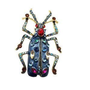 Bug Beetle Brooch Pin Blue Enamel Multicolor Rhinestone Gold Tone Statement